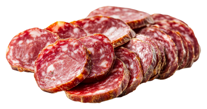 Slicing delicious salami for charcuterie boards at home kitchen isolated on transparent background