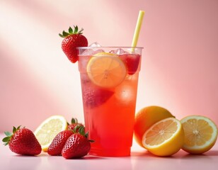 Refreshing summer strawberry lemonade in plastic transparent cup. Lemon drink with ice, lemon and straw. Fruit beverage to go. Refreshing cocktail for hot weather.