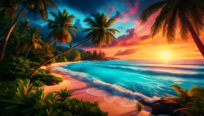 Serene tropical beach with lush palm trees and vibrant sky reflections on the water