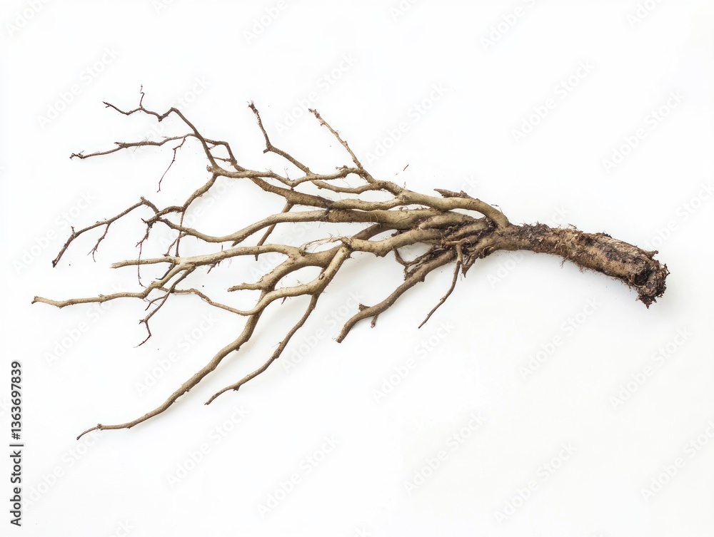 Poster exposed tree root with branches on white background for conceptual uses