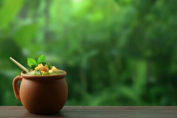 Fresh fruit salad in clay bowl on wooden surface