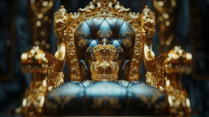 Fototapeta premium Dazzling crown on a throne, Glowing crown, King, Ruler, Copy space,Space for text,王座の上に眩い王冠、光り輝く王冠、キング、支配者、コピースペース,テキスト用スペース,Generative AI,11648x6528