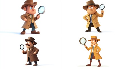 Four 3D cartoon detectives with magnifying glasses.