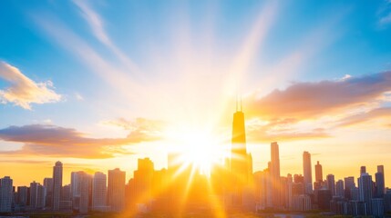 Chicago skyline at sunset illuminated by bright golden sunlight