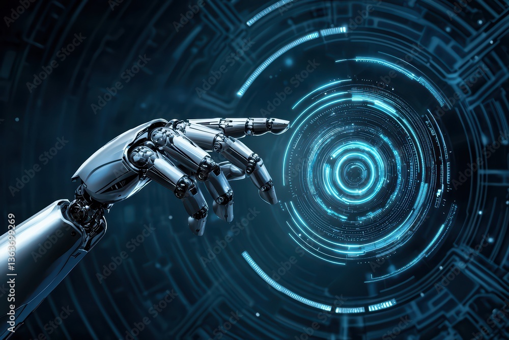 Poster futuristic robot hand interacting with digital interface