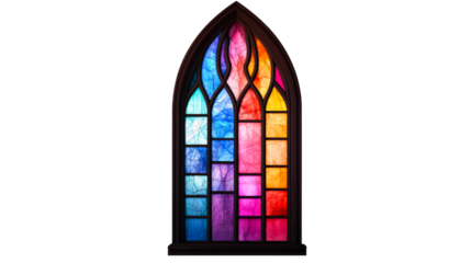 Stained glass window with dark frame, multi-colored, cut out transparent
