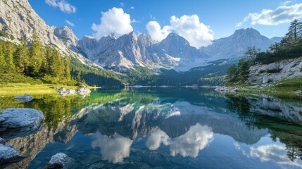 Naklejka premium Tranquil Alpine Lake Reflections in a Mountainous Valley, Clear Sky and Clouds