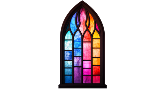 Stained glass window with dark frame, multi-colored, cut out transparent