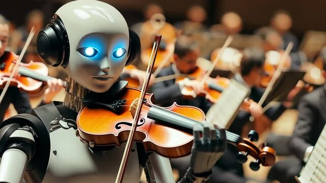 Musical Robot: A humanoid robot masterfully plays the violin in a grand orchestra, blending technology and artistry
