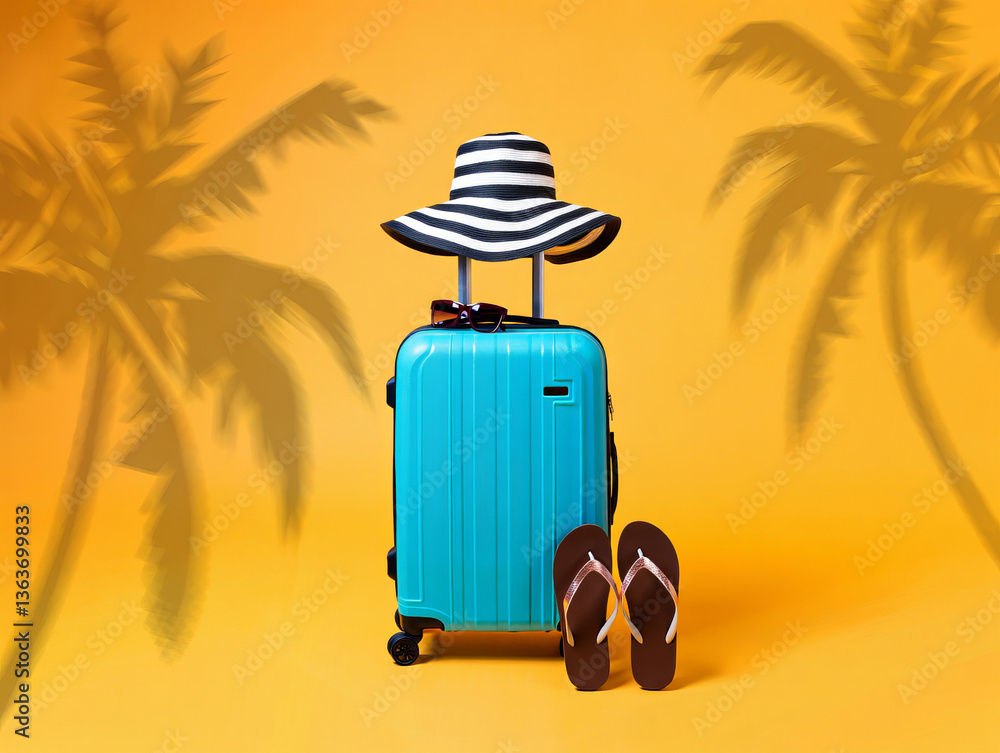 Poster a blue suitcase on a bright yellow background, and next to it are a pair of brown flip-flops and a h