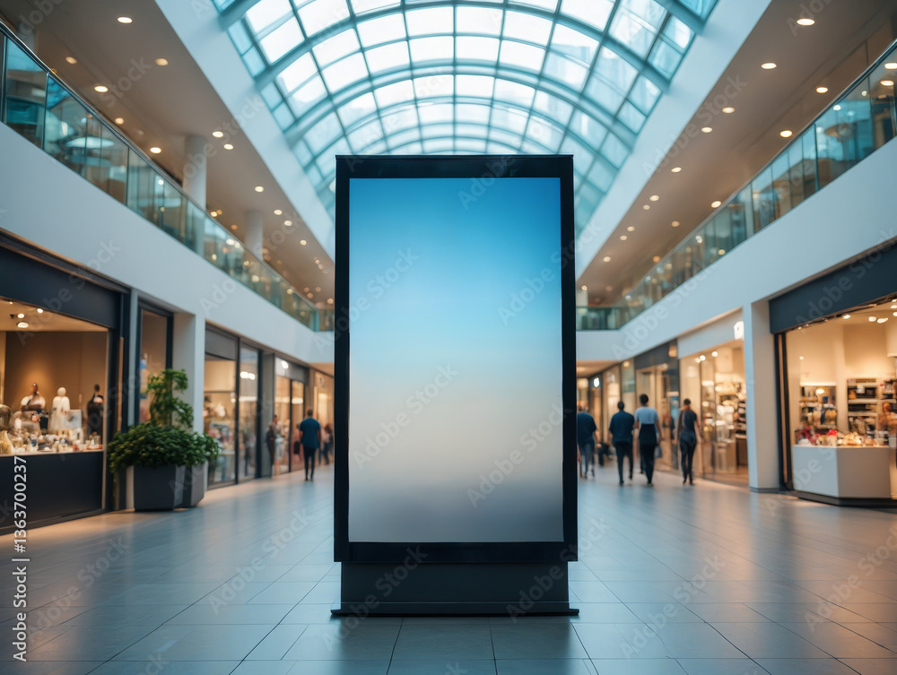 Poster a shopping mall with a large blank digital display screen in the center of the walkway. the backgrou