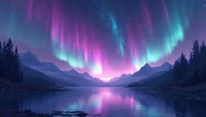 Stunning night sky, vivid purple auroras, shimmering stars over mountain lake. Tranquil, majestic view. Illustration scene for background design, poster, print, wallpaper. Digital art.