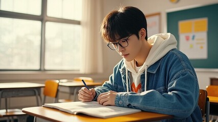 Student studies intently inside bright classroom taking notes on desk at school