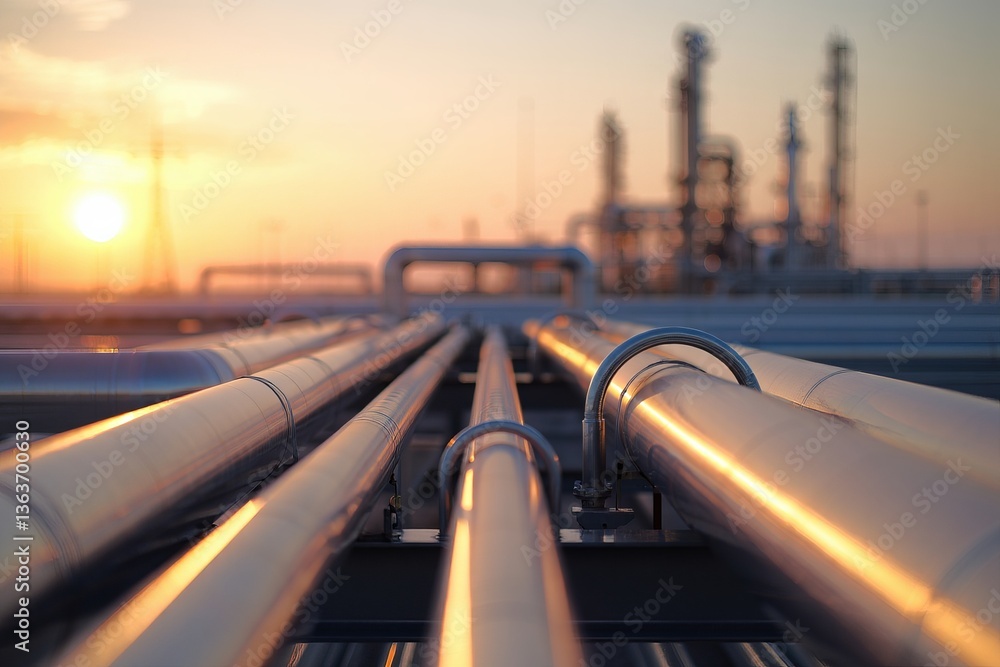 Poster a close-up view of metallic pipes in an industrial setting, likely a petrochemical or oil refinery. 