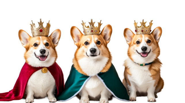Three corgis in royal attire with crowns on a transparent background