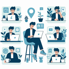vector young man playing laptop 