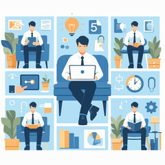 vector young man playing laptop 