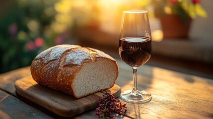 loaf of bread and a chalice of wine, symbols of the body and blood of Christ, representing the sacrament of Holy Communion in a modern, meaningful setting