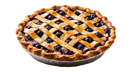 Blueberry pie with lattice crust in tin plate, cut out transparent