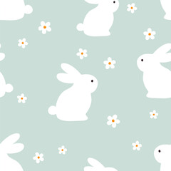  Seamless pattern with rabbits and flowers. Vector illustration on blue background. It can be used for wallpapers, wrapping, cards, patterns for clothing and others.