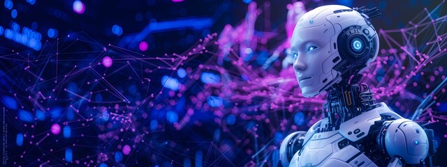 3D humanoid AI robot metaverse cyberspace digital world background revolution artificial intelligence automated digital technology industry 4.0, humanoid concept Neural Connections Cybernetic Networks