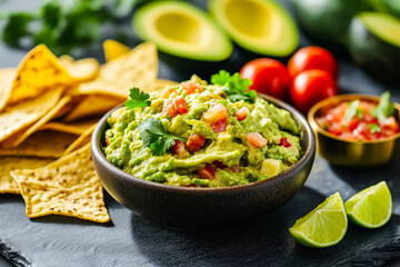 Delicious guacamole with fresh ingredients and tortilla chips
