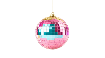 Disco ball ornament hanging on string, pink blue light reflection, cut out transparent