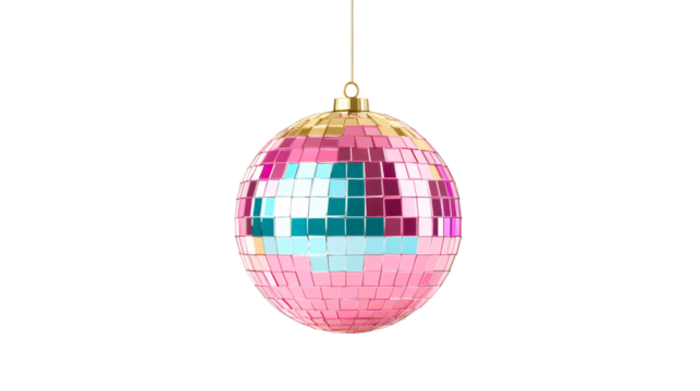 Disco ball ornament hanging on string, pink blue light reflection, cut out transparent - Powered by Adobe
