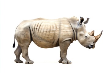 Fototapeta premium Standing Rhinoceros with Thick Skin and a Horn on a White Backdrop