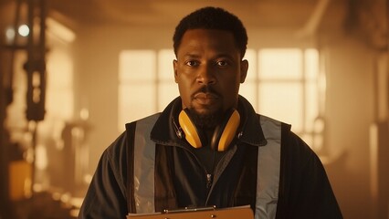 Obraz premium Industrial worker stands inspecting factory wearing protective gear in warm lighting