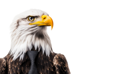 Eagle wears a black tie, boss, look seriously, black isolated background, cut out transparent