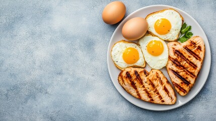 Grilled chicken and eggs breakfast plate