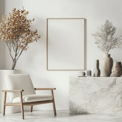 Modern minimalist interior featuring a framed canvas, wooden armchair, and potted plant