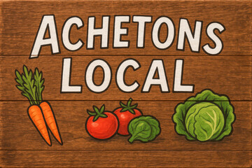 Panneau en bois “Achetons Local” avec carottes, tomates et chou, style marché