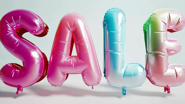 Colorful inflated sale balloons transitioning and swirling in air; promoting discounts and retail offers with dynamic and vibrant movement