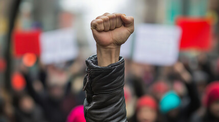 A man is holding his fist up in the air in front of a crowd of people