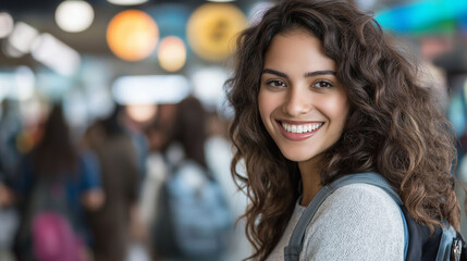 A beautiful, smiling latin, woman stands in an airport, with people walking around blurred behind her, 