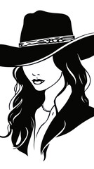 Stylish Cowgirl in Hat Black and White Minimalist Vector Illustration