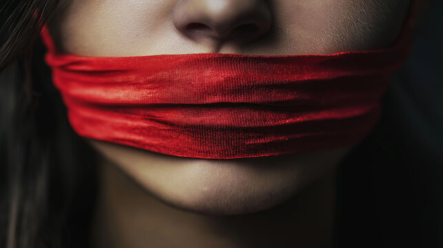 Close-up of a woman's face covered with red tape. Concept of censorship.