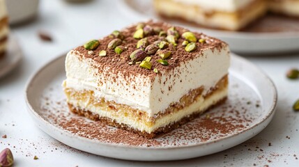 Slice of tiramisu dusted with cocoa and sprinkled with pistachios, on a plate.