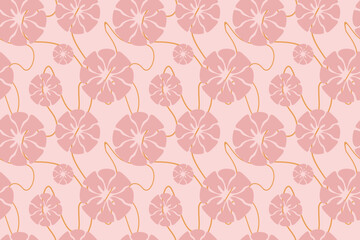 Illustration Vector Graphic of seamless pattern with pink blossoms and gold lines, ideal for elegant and romantic projects, gentle and refined designs.