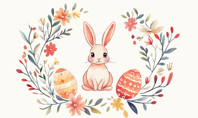Charming Easter Bunny with Floral Wreath and Colorful Easter Eggs Illustration