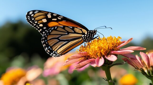  A monarch butterfly drinks nectar from a colorful wildflower in a sunny meadow. - Powered by Adobe