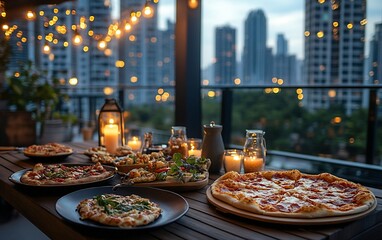 Fototapeta premium Pizza feast with candlelight ambiance against city backdrop evening indulgence