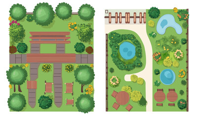 Flat Minimalist Garden Walkway with Outdoor Furniture and Trees Vector Illustration