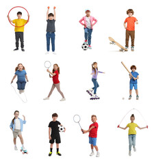 Obraz premium Cute children with different sports equipment on white background, collage