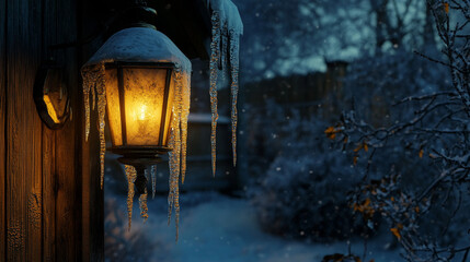 Frozen Glow: A Winter Lantern Adorned with Icicles

