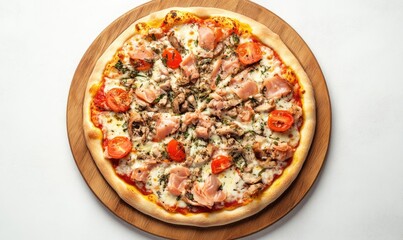 Gourmet pizza with salmon, chicken, and cherry tomatoes