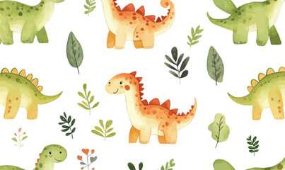 Obraz premium Cute Watercolor Baby Dinosaur Pattern for Kids in Minimalist Style