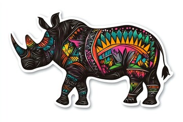 Detailed Rhinoceros Illustration with Colorful Tribal Patterns Perfect for Wall Art